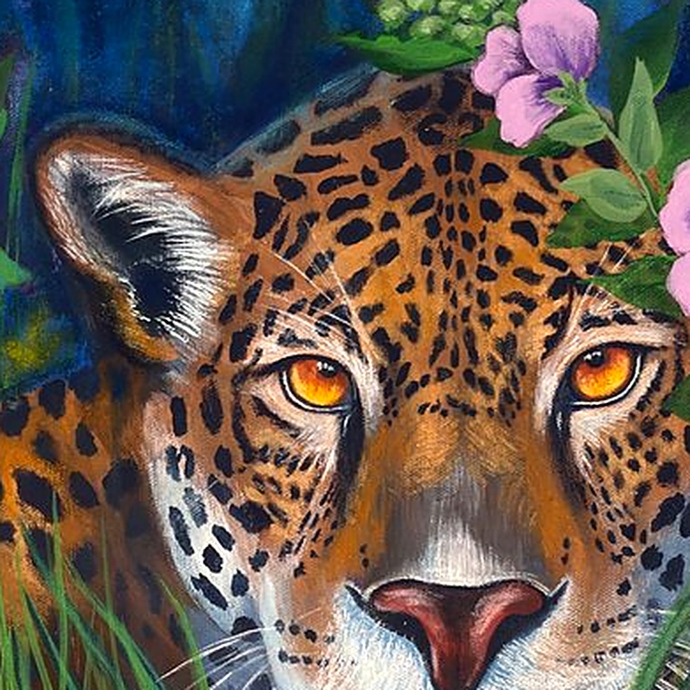 Close-up detail of hand-painted jaguar fur texture on Golden Leopard